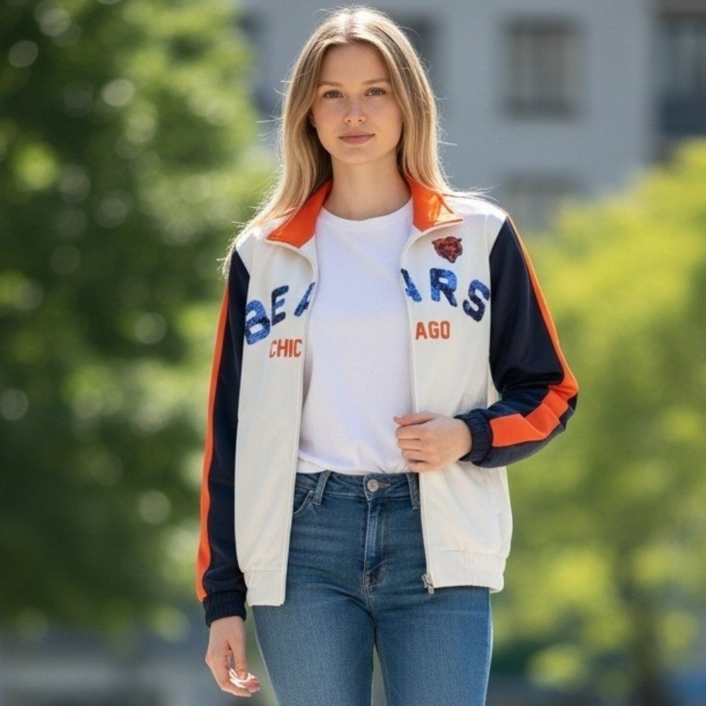 NFL Chicago Bears Size M White Sequin Track Jacket Full Zip G-III Fan Sport READ